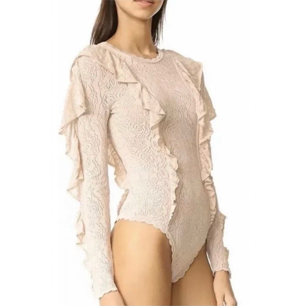 Ronny Kobo Small Maaria Bodysuit Lolita‎ Lace Knit Ruffle Long Sleeve Blush Pink